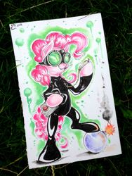 Size: 2448x3264 | Tagged: safe, artist:yellowrobin, imported from derpibooru, pinkie pie, bomb, catsuit, female, latex suit, night vision goggles, pocket watch, solo, spy, traditional art