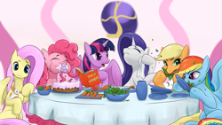 Size: 6000x3375 | Tagged: safe, artist:mricantdraw, imported from derpibooru, applejack, fluttershy, pinkie pie, rainbow dash, rarity, twilight sparkle, alicorn, pony, rabbit, animal, book, cake, carrot, eating, eating contest, etiquette, feeding, female, food, herbivore, mane six, manner, manners, mare, meal, messy eating, salad, table manners, twilight sparkle (alicorn), uncouth