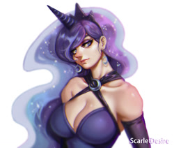 Size: 1093x929 | Tagged: safe, artist:scarletdesires, imported from derpibooru, princess luna, human, bedroom eyes, breasts, busty princess luna, cleavage, clothes, dress, earring, evening gloves, female, gloves, horned humanization, humanized, looking at you, piercing, smiling, solo