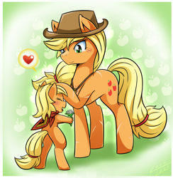 Size: 1000x1025 | Tagged: safe, artist:vavacung, imported from derpibooru, applejack, oc, oc:little aj, pony, semi-anthro, comic:crazy future, bipedal, flower, heart, jewelry, neckerchief, necklace, offspring, parent:applejack, parent:unnamed oc, parents:canon x oc, ponytail, scar