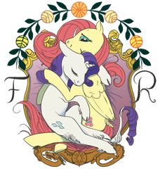 Size: 824x877 | Tagged: safe, artist:spectralunicorn, imported from derpibooru, discord, fluttershy, rarity, classical unicorn, female, flarity, leonine tail, lesbian, modern art, nouveau, shipping