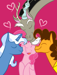 Size: 1185x1548 | Tagged: dead source, safe, artist:quincedork, imported from derpibooru, cheese sandwich, discord, pinkie pie, pokey pierce, cheek kiss, cheesepie, discopie, female, harem, kiss on the cheek, kiss sandwich, kissing, male, pinkie pie gets all the stallions, pokeycheesepie, pokeypie, shipping, straight