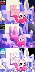 Size: 500x1015 | Tagged: safe, artist:joellethenose, edit, edited screencap, imported from derpibooru, screencap, pinkie pie, earth pony, pony, amd, comparison, female, graphics card, intel, joke, mare, meme, nvidia, pc master race, radeon, scene interpretation, throne, twilight's castle, video card