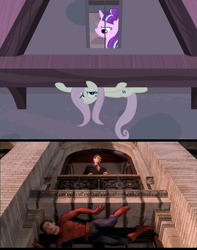 Size: 858x1091 | Tagged: safe, edit, imported from derpibooru, screencap, fluttershy, starlight glimmer, human, pegasus, pony, unicorn, the cutie map, comparison, equal cutie mark, female, irl, irl human, male, mare, movie, movie reference, norman osborn, peter parker, photo, s5 starlight, spider-man, tobey maguire, wall climbing, willem dafoe