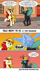 Size: 1024x1799 | Tagged: safe, artist:pony-berserker, imported from derpibooru, oc, oc only, oc:berzie, oc:miss libussa, changeling, pony, unicorn, angry, changeling oc, comic, czech republic, czechia, duo, female, hard hat, hat, i can't believe it's not idw, leaves, magic beam, magic blast, male, mare, ponysona, prague, raspberry, red background, simple background, tongue out, tourist, yellow background