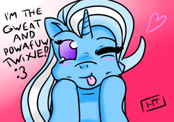 Size: 1280x895 | Tagged: safe, artist:hansboyardee, imported from derpibooru, trixie, pony, unicorn, blushing, female, heart, mare, solo, tongue out, wink