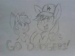 Size: 1280x960 | Tagged: safe, artist:notenoughapples, imported from derpibooru, apple bloom, applejack, dodgers, los angeles dodgers, monochrome, traditional art