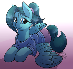 Size: 1280x1203 | Tagged: safe, artist:sugaryviolet, imported from derpibooru, oc, oc only, oc:cumulonimbus, pegasus, pony, clothes, cute, looking at you, prone, shirt, shorts, smiling, solo, spread wings