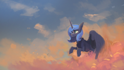 Size: 1280x720 | Tagged: dead source, safe, artist:hierozaki, imported from derpibooru, princess luna, cloud, cloudy, female, flying, solo