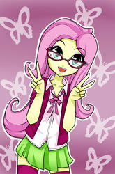 Size: 900x1364 | Tagged: safe, artist:nekojackun, imported from derpibooru, fluttershy, equestria girls, rainbow rocks, clothes, cute, female, glasses, looking at you, peace, peace sign, solo, stockings