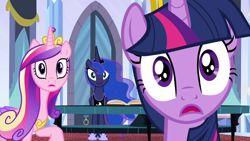 Size: 1280x720 | Tagged: safe, edit, edited screencap, imported from derpibooru, screencap, princess cadance, princess luna, twilight sparkle, twilight sparkle (alicorn), alicorn, pony, twilight's kingdom, inverted mouth, varying degrees of want