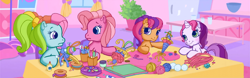 Size: 1396x435 | Tagged: safe, imported from derpibooru, screencap, pinkie pie, rainbow dash, scootaloo, sweetie belle, twinkle wish adventure, blushing, g3 panorama, g3.5, ornament, panorama, stuffy stuff, table