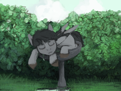 Size: 1024x768 | Tagged: safe, artist:celestiawept, imported from derpibooru, bird pone, pigeon, :3, bird bath, bush, commission, eyes closed, prone, sleeping, smiling, solo, unshorn fetlocks, water