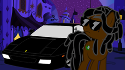 Size: 561x317 | Tagged: artist needed, safe, imported from derpibooru, /mlp/, 4chan, canterlot, car, crossover, dreadlocks, ferrari testarossa, glasses, lil wayne, marijuana, music, night, ponified, rap, stoner, tattoo, vehicle