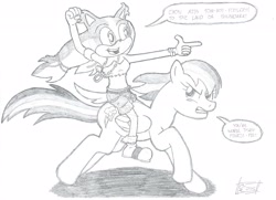 Size: 2320x1678 | Tagged: safe, artist:shaunc, imported from derpibooru, rainbow dash, anthro, pegasus, crossover, female, monochrome, pencil drawing, riding, sega, simple background, sketch, sonic boom, sonic the hedgehog (series), speech bubble, sticks the badger, traditional art, video game