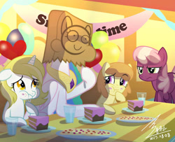 Size: 1024x830 | Tagged: safe, artist:bluse, imported from derpibooru, cheerilee, princess celestia, oc, pony, bag on head, balloon, cake, cakelestia, cheerilee is not amused, cookie, disguise, face on a bag, female, filly, foal, fork, glass of water, jewelry, literal paper thin disguise, paper bag, paper-thin disguise, party, regalia, seems legit, show accurate, signature, table, unamused, water