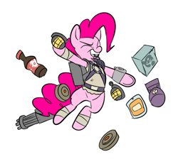 Size: 633x566 | Tagged: safe, artist:metal-kitty, imported from derpibooru, pinkie pie, crossover, fallout, fallout 3, female, frag grenade, frag mine, grenade, land mine, landmine, mine, mini nuke, minigun, radaway, soda, solo, this will end in explosions