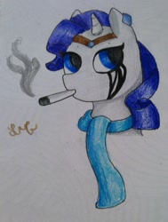 Size: 1154x1524 | Tagged: safe, artist:colorfulequines, imported from derpibooru, rarity, cigarette, clothes, female, scarf, simple background, smoking, solo, traditional art