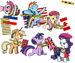 Size: 900x750 | Tagged: safe, artist:slitherpon, imported from derpibooru, applejack, chancellor puddinghead, fluttershy, pinkie pie, rainbow dash, rarity, twilight sparkle, earth pony, pegasus, pony, unicorn, applejack's hat, beret, canada, confederate flag, cowboy hat, dreamworks face, dutch, eh, eyes closed, female, flag, france, french, glasses, hat, implied lauren faust, in which pinkie pie forgets how to gravity, mane six, mare, mouth hold, netherlands, pinkie being pinkie, pinkie physics, simple background, sitting, text, transparent background, unicorn twilight, united kingdom, united states