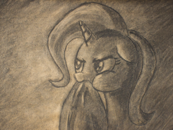 Size: 900x675 | Tagged: safe, artist:inkygarden, imported from derpibooru, trixie, pony, unicorn, charcoal (medium), charcoal drawing, female, hat, mare, monochrome, munching, sketch, solo, traditional art