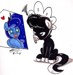 Size: 1067x1102 | Tagged: safe, artist:newyorkx3, imported from derpibooru, princess luna, oc, oc:tommy junior, bonnet, pacifier, traditional art, wingding eyes