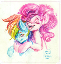 Size: 600x631 | Tagged: safe, artist:arainmorn, imported from derpibooru, pinkie pie, rainbow dash, colored pencil drawing, cute, female, hug, lesbian, pinkiedash, shipping, traditional art