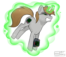 Size: 1294x1122 | Tagged: safe, artist:8bitamy, imported from derpibooru, oc, oc only, oc:littlepip, pony, unicorn, fallout equestria, faic, fanfic, fanfic art, female, freckles, glowing horn, hooves, horn, levitation, magic, mare, pipbuck, self-levitation, simple background, solo, sweat, teeth, telekinesis, white background