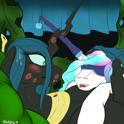 Size: 1000x1000 | Tagged: safe, artist:backlash91, imported from derpibooru, princess celestia, queen chrysalis, alicorn, changeling, changeling queen, pony, accessory swap, bite mark, blindfold, blushing, chryslestia, crown, cuddling, drool, female, fetish, frown, hat, hickey, horn nightcap, horn sleeve, horn warmer, jewelry, kiss mark, lesbian, lipstick, lipstick fetish, lying down, morning after, nightcap, on back, peytral, prone, regalia, shipping, sleep mask, sleeping, snuggling, sweat, wide eyes