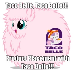 Size: 900x900 | Tagged: safe, edit, imported from derpibooru, sweetie belle, oc, oc:fluffle puff, kung pow, photoshop, pun, quote, simple background, taco, taco bell, taco belle, vector, white background