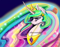 Size: 1280x998 | Tagged: safe, artist:theneithervoid, imported from derpibooru, princess celestia, color porn, curved horn, female, portrait, solo, watermark