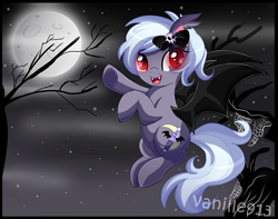 Size: 1279x1008 | Tagged: safe, artist:spookyle, imported from derpibooru, oc, oc only, oc:midnight sketchy, bat pony, pony, flying, moon, night, solo, tree