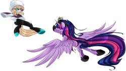 Size: 1190x672 | Tagged: safe, alternate version, artist:blackfreya, imported from derpibooru, twilight sparkle, oc, oc:twivine sparkle, alicorn, earth pony, pony, bodysuit, clothes, costume, crossover, fangs, female, fight, flying, flying kick, frown, glare, glowing eyes, gwen stacy, hood, hoof shoes, jewelry, mare, open mouth, ponified, simple background, smiling, smirk, sombra eyes, spider-gwen, spider-man, spiders and magic iv: the fall of spider-mane, spiders and magic: rise of spider-mane, spread wings, tiara, transparent background, twilight sparkle (alicorn), twivine sparkle, underhoof, wing fluff, wings