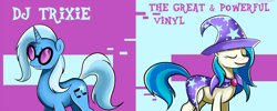 Size: 1280x512 | Tagged: safe, artist:dat-ivy, imported from derpibooru, dj pon-3, trixie, vinyl scratch, pony, unicorn, accessory swap, female, mare