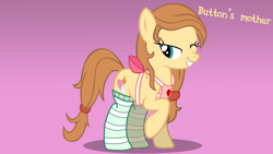 Size: 1920x1080 | Tagged: safe, artist:tiarawhy, imported from derpibooru, oc, oc only, oc:cream heart, earth pony, pony, apron, bedroom eyes, clothes, female, mare, simple background, smiling, socks, solo, striped socks, vector, wallpaper, wink