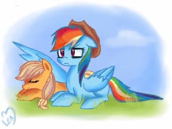 Size: 1024x768 | Tagged: safe, artist:leafa123, imported from derpibooru, applejack, rainbow dash, accessory swap, appledash, female, grimace, lesbian, prone, shipping, sleeping, spread wings