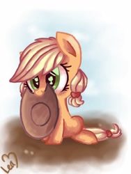 Size: 768x1024 | Tagged: safe, artist:leafa123, imported from derpibooru, applejack, cute, female, filly, jackabetes, mouth hold, nom, solo