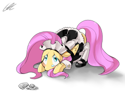 Size: 1000x750 | Tagged: safe, artist:cofotory, imported from derpibooru, fluttershy, broken, clothes, crying, female, maid, plate, simple background, solo, transparent background