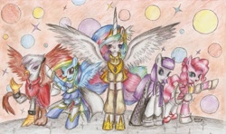 Size: 2325x1373 | Tagged: dead source, safe, artist:nika191319, imported from derpibooru, gilda, maud pie, pinkie pie, princess celestia, rainbow dash, griffon, clothes, crossover, dress, homura akemi, madoka kaname, mami tomoe, puella magi madoka magica, sakura kyouko, sayaka miki, spread wings, traditional art