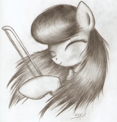 Size: 1054x1092 | Tagged: dead source, safe, artist:nika191319, imported from derpibooru, octavia melody, bow (instrument), eyes closed, female, grayscale, monochrome, portrait, solo, traditional art