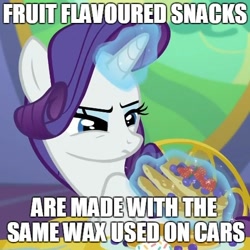 Size: 500x501 | Tagged: safe, edit, edited screencap, imported from derpibooru, screencap, rarity, castle sweet castle, caption, fact, female, food fact rarity, forced meme, meme, meta, solo, wax