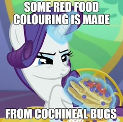 Size: 500x498 | Tagged: safe, edit, edited screencap, imported from derpibooru, screencap, rarity, insect, castle sweet castle, caption, fact, female, food fact rarity, forced meme, meme, meta, solo