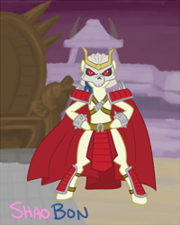 Size: 560x700 | Tagged: safe, artist:atlur, deleted from derpibooru, imported from derpibooru, bon bon, sweetie drops, pony, armor, bipedal, bonafied, bonpun, cape, clothes, crossover, helmet, mortal kombat, shao kahn, solo