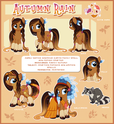 Size: 2906x3153 | Tagged: safe, artist:centchi, imported from derpibooru, oc, oc only, oc:autumn rain, earth pony, pony, raccoon, eyeshadow, headdress, makeup, reference sheet, solo