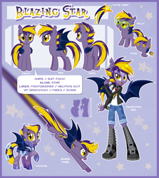 Size: 3060x3423 | Tagged: safe, artist:centchi, imported from derpibooru, oc, oc only, oc:blazing star, bat pony, bronycon, equestria girls, bronycon mascots, ponied up, reference sheet