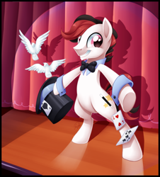 Size: 2040x2256 | Tagged: safe, artist:centchi, imported from derpibooru, oc, oc only, oc:hocus pocus, bird, earth pony, pony, card, solo, stage