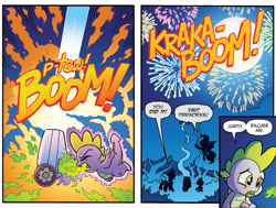 Size: 653x493 | Tagged: safe, artist:tonyfleecs, idw, imported from derpibooru, pinkie pie, spike, twilight sparkle, bat pony, dragon, pony, night of the living apples, spoiler:comic, spoiler:comic33, burp, cannon, comic, dragonfire, explosion, female, fire, fire breath, fire burp, male, mare, meteor, official comic, party cannon, pinkiebat, race swap, sneezing, speech bubble, twibat, twilight sparkle (alicorn)