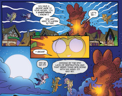 Size: 667x522 | Tagged: safe, artist:tonyfleecs, idw, imported from derpibooru, applejack, fluttershy, good apple, rainbow dash, rarity, spike, alicorn, bat pony, bat pony alicorn, pony, night of the living apples, spoiler:comic, spoiler:comic33, apple, apple monster, applebat, bat ponified, braid, braided tail, comic, female, flutterbat, flying, food, glasses, living apple, mane six, mare, night, official comic, race swap, raribat, raricorn, speech bubble, thumbs up