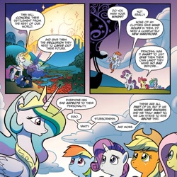 Size: 684x683 | Tagged: safe, artist:tonyfleecs, idw, imported from derpibooru, apple bloom, applejack, fluttershy, good apple, pinkie pie, princess celestia, princess luna, rainbow dash, rarity, scootaloo, sweetie belle, alicorn, earth pony, pegasus, pony, unicorn, night of the living apples, spoiler:comic, spoiler:comic33, butt, comic, cutie mark crusaders, ethereal mane, female, filly, foal, force field, living apple, mare, official comic, plot, royal sisters, speech bubble
