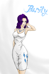 Size: 1024x1536 | Tagged: safe, artist:n7operative, imported from derpibooru, rarity, human, armpits, blushing, breasts, clothes, curvy, dress, earring, female, humanized, lipstick, necklace, piercing, skinny, smiling, solo