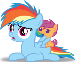 Size: 550x456 | Tagged: safe, artist:beavernator, artist:scrapplejack, imported from derpibooru, rainbow dash, scootaloo, pony, .svg available, baby, baby pony, baby scootaloo, beavernator is trying to murder us, cute, cutealoo, dashabetes, filly, filly rainbow dash, nom, rainbow dash is not amused, simple background, svg, time paradox, transparent background, unamused, vector, younger